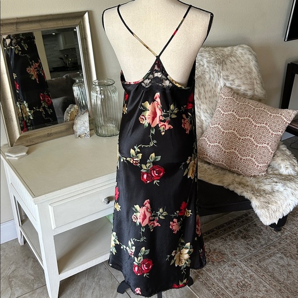 Cinema etoile VTG 🌺 black satin boho romantic floral lace maxi slip dress L​ - Picture 7 of 14